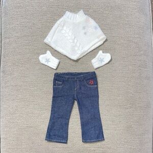 American Girl Knit Poncho Sweater, Mittens, and Blue Jeans
